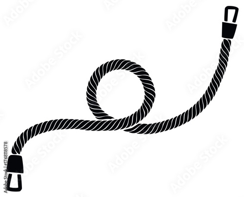 Vector illustration of a twisted black rope with a loop and end caps on a white background. Nautical design element.