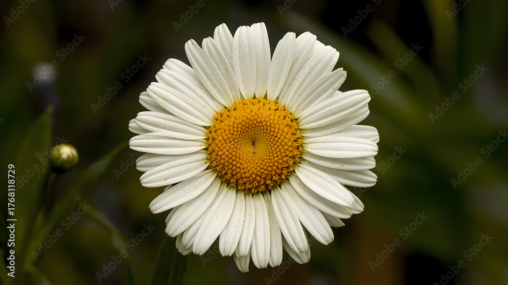 Fototapeta premium A bright yellow daisy flower in a summer garden with a bee on it