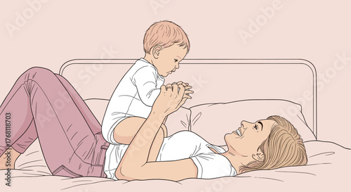 Happy Mother Bonding with Baby in Bed:  Illustration of a Smiling Mom Lying Down Playing with Infant, Promoting Family Lifestyle, Pediatric Healthcare, Parenthood, Love and Care, Modern Parenting.  Id