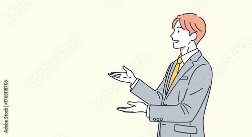 Professional Business Presentation: Young entrepreneur gesturing with a modern suit in a brightly lit office, presenting information and ideas. Ideal for corporate marketing, consulting, employee trai