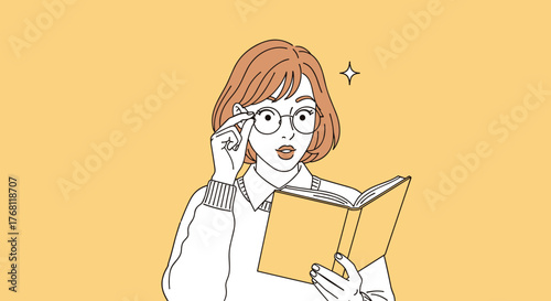 Intrigued Woman Reading a Book with Glasses in Bright Studio: Absorbed Student Studying Literature for Education, Business Strategy, or Relaxed Leisure, a Modern Vector Illustration for Presentations,