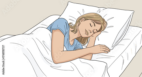 Blonde Woman Sleeping Peacefully in Bed with White Sheets and Pillow, Resting Comfortably in Bedroom at Home, Conceptual Illustration for Relaxation, Wellbeing, Healthcare, and Sleep-Related Topics. S