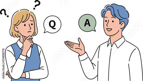 Business Professionals Discussing Questions & Answers in a Modern Office Setting: Two Colleagues Collaborating with Question Mark and Answer Bubbles for Presentation, Marketing, and Training Materials