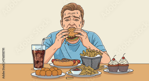 Cartoon Man Overeating Junk Food at Table: Compulsive Bingeing on Burger, Fries, Soda, Hotdog & Cupcakes Illustration for Nutrition, Dieting, Health, Lifestyle Designs. Bad Eating Habits, Gluttony, We