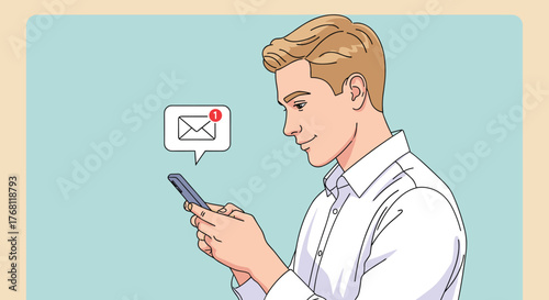 Young Professional Checking Smartphone for New Email in a Modern Office: Reading Messages, Communication Online, Business Technology, Connectivity, Inbox Update, Information Access, Illustration Style