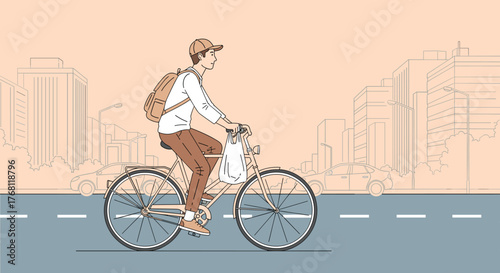 Man Cycling in Urban Cityscape, Delivering Groceries on Bicycle - Sustainable Transportation,  Eco-Friendly Lifestyle in Metropolis, Modern City Commute, Healthy Activity, Graphic Illustration for Web