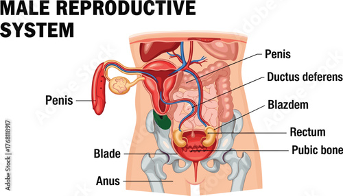 Detailed Male Reproductive System Illustration Displaying Anatomy & Physiology for Medical Education, Scientific Study & Healthcare Presentations, Diagrams & Visual Aids: Organ System, Educational Res
