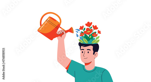 Man Nurturing Growth and Ideas, Watering Blooming Flowers in Mind - Creative Thinking, Innovation, and Mental Wellness in Modern Design for Education, Healthcare, and Business Presentations (Colorful