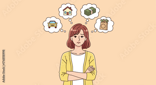 Worried Woman Contemplates Financial Obligations and Future Expenses with Overwhelmed Expression in Bright Studio: Concept for Finance, Debt, and Lifestyle Challenges, Ideal for Web Design, Presentati