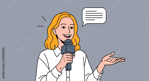 Dynamic Speaker Presenting with Confidence: A poised businesswoman engages her audience, communicating innovative ideas at a corporate conference with a microphone, suitable for business, marketing, a