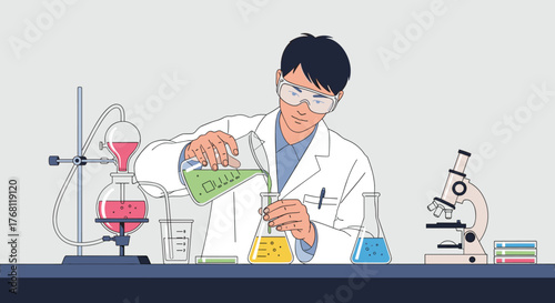 Asian Scientist Conducting Experiment in Laboratory with Scientific Equipment, Pouring Green Liquid into Flask for Chemical Research, Modern Healthcare and Medical Study Illustration, Educational Pres