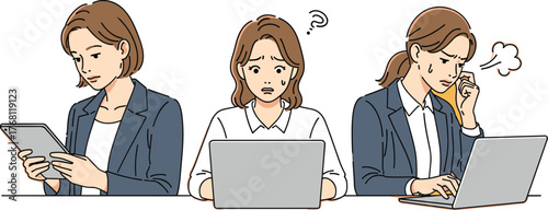 Stressed Businesswomen Working Angrily on Laptops and Tablets in a Modern Office, Deadline Pressures with Corporate Problems, Digital Marketing Frustrations, Anxiety and Confusion During Presentation