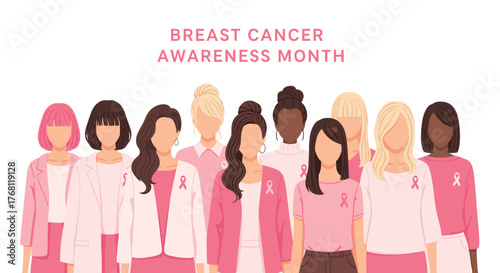 Diverse Group of Women Standing Together for Breast Cancer Awareness Month, Promoting Prevention and Support in Healthcare, a Symbol of Unity and Empowerment, Illustrated in a Modern, Clean Style for