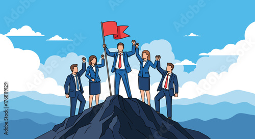 Successful Business Team Celebrating Victory on Mountain Top: Achieving Goals, Leadership, and Teamwork in a Challenging Environment, Symbolizing Corporate Success, Innovative Strategy, and Modern Pro