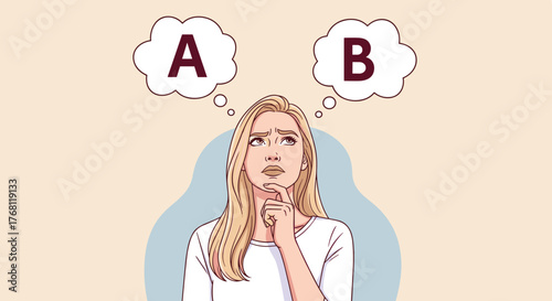 Contemplative Woman Debating Choices: Blonde Female Considering Options A and B in a Thoughtful Decision-Making Process Against a Neutral Background, Ideal for Business Presentations, Marketing Materi