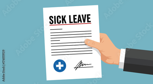 Hand Holding Sick Leave Document in Blue Workplace: Applying for Medical Absence, Healthcare Form for Employee Benefit, Absence Request in Modern Office Setting for Professional Presentation (Illustra