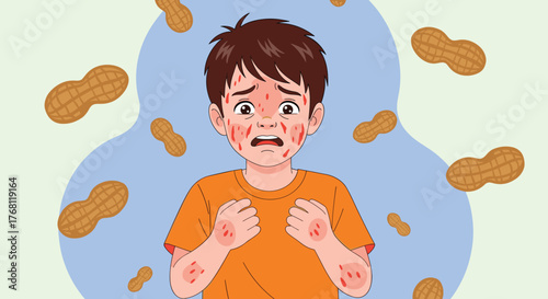 Cartoon Boy Experiencing Allergic Reaction to Peanuts, Developing Hives and Redness, Showing Anxiety and Fear in a Healthcare Setting for Educational Purposes with Detailed Facial Expressions (198/200