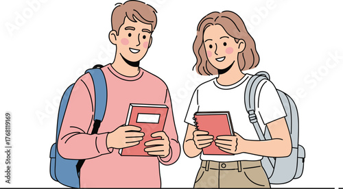 Smiling Students Holding Notebooks in Class: Happy young man and woman with backpacks studying together, teamwork in college, education success, learning concept, modern vector illustration for presen