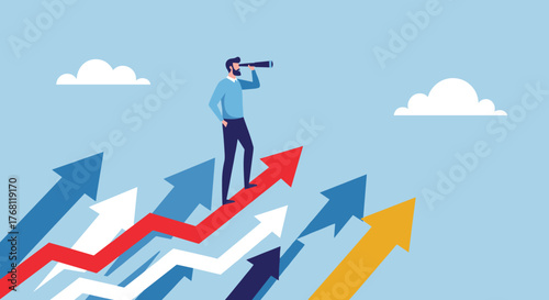Visionary Leader Navigating Business Growth with Foresight: A Businessman Standing Atop Red Arrow, Surveying Future Opportunities in a Dynamic Sky, Symbolizing Strategy, Direction, and Success for Cor