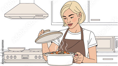 Blonde Woman Cooking Nutritious Stew in Modern Kitchen, Opening Lid to Check on Homemade Meal, Preparing Dinner in Bright Home Setting, Healthy Lifestyle Concept, Culinary Arts, Recipe Illustration fo