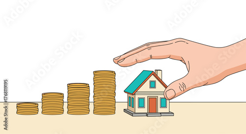 Protecting Real Estate Investments with Growing Savings: Hand Shielding a Miniature House Next to Rising Coin Stacks on Beige Surface, Illustrating Financial Security and Planning for Homeownership, A