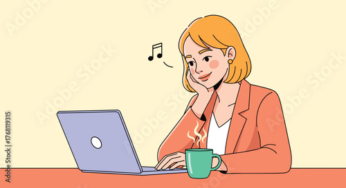 Smiling Woman Working on Laptop at Desk with Coffee, Enjoying Music: Business Professional Relaxing at Home Office with Modern Technology for Presentation, Education, or Communication (Lifestyle, Desi