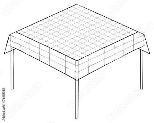 Isometric line drawing of a table with a checkered tablecloth and four legs