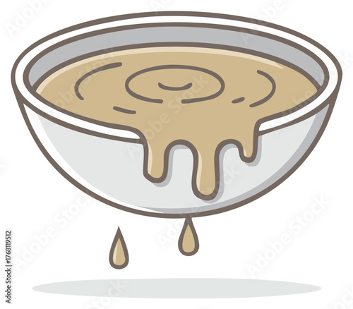 Cartoon illustration of a full bowl with brown liquid spilling over the edge and dripping