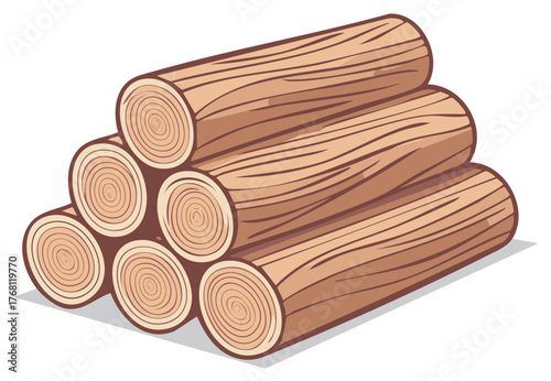 Pile of stacked logs showing wood grain and tree rings on white