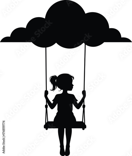Joyful girl swinging on a cloud creating a whimsical and dreamy silhouette illustration