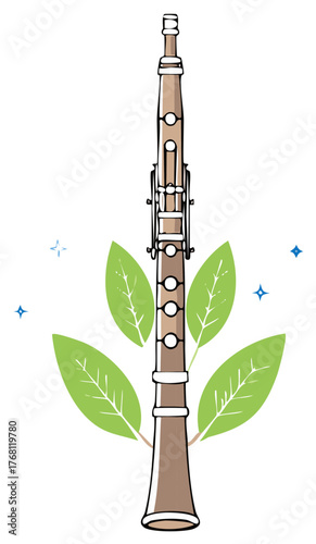 Stylized clarinet adorned with green leaves and sparkling stars, symbolizing music and nature.