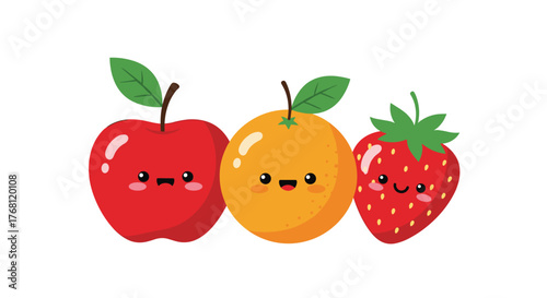 Cute cartoon apple, orange, and strawberry with happy faces standing in a row.