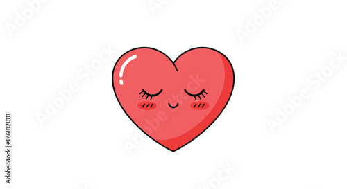 Cute cartoon red heart with closed eyes and rosy cheeks smiles sweetly.
