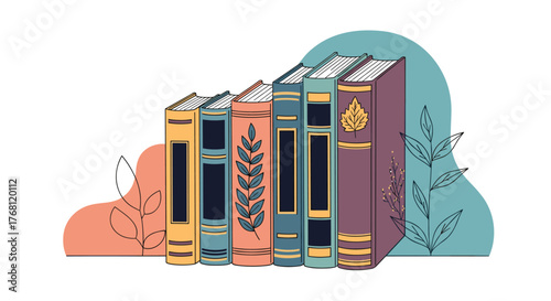A row of colorful books with decorative plant elements arranged on a white background.