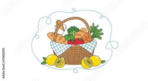 A charming illustration of a picnic basket overflowing with fresh bread, colorful vegetables, and lemons on a white background.