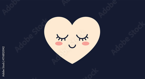 A cute, peachy heart with closed eyes and rosy cheeks smiles gently against a dark background.