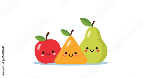 Three cute cartoon fruits, an apple, a triangle fruit, and a pear, stand together smiling.