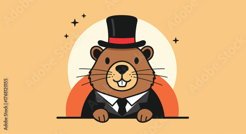 A cute cartoon groundhog wearing a top hat and suit, peeking over a ledge.