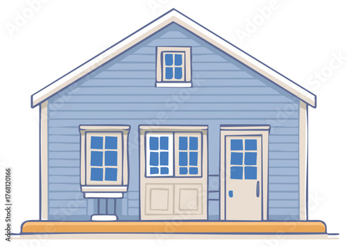 Cartoon illustration of blue house with windows and door against a white background