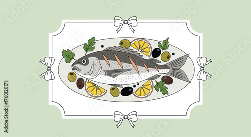 Whole grilled fish on a platter with lemon slices, olives, and parsley sprigs.
