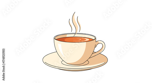 A steaming cup of tea or coffee sits on a matching saucer, emitting wisps of steam into the air.