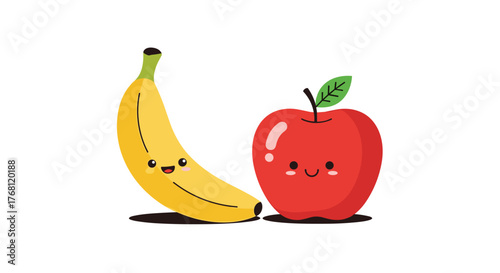 Cute cartoon banana and apple characters with happy faces side by side on a white background.