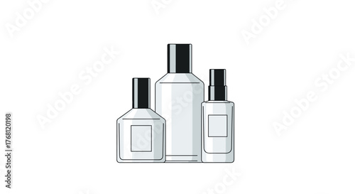 Three clear glass bottles with black caps and blank labels stand together on a white background.