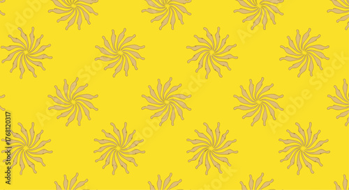 A repeating pattern of tan starburst designs on a bright yellow background.