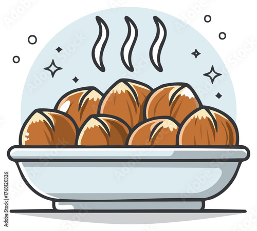 Cartoon illustration of hot steaming freshly baked bread buns in a serving bowl