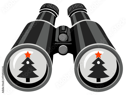 Binoculars with Christmas trees in the lenses Christmas holiday watching concept festive observation seasonal sight vector