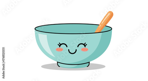 Cute teal bowl with a happy face and an orange spoon inside, set against a white background.