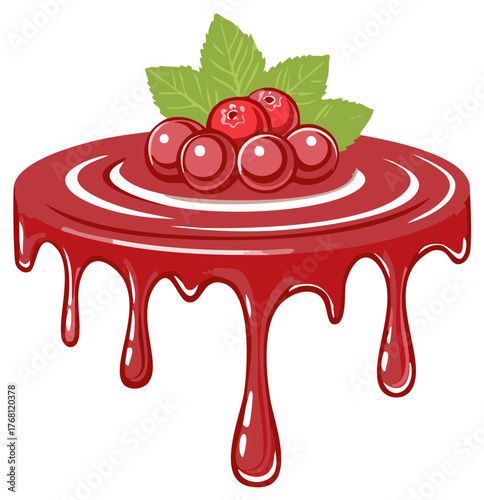 Delicious red berry cake with dripping glaze and fresh mint leaves on top
