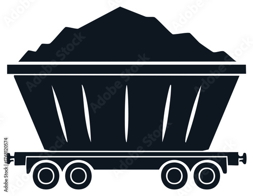 Black and white illustration of a coal cart filled with rocks and debris on wheels