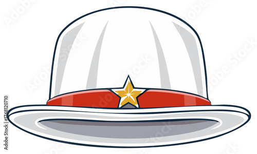 Cartoon Style White Bowler Hat with Red Band and Golden Star Emblem